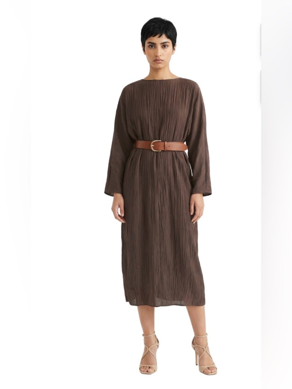& Other Stories Brown Crinkle Midi Dress NWT